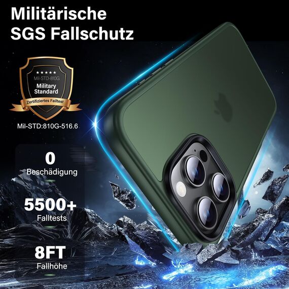 UniqueMe für iPhone 16 Pro Hülle, 5-in-1-Set Handyhülle für iPhone 16 Pro Case Rundumschutz Schutzhülle Cover,1 Handyhülle & 2 Schutzfolie & 2 Kameraschutz - Matt Grün