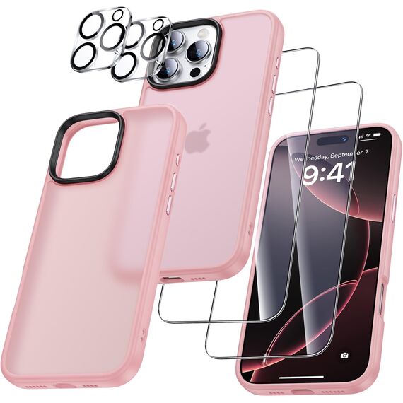 UniqueMe für iPhone 16 Pro Max Hülle, 5-in-1-Set Handyhülle für iPhone 16 Pro Max Case Rundumschutz Schutzhülle Cover,1 Handyhülle & 2 Schutzfolie & 2 Kameraschutz - Matt Rosa