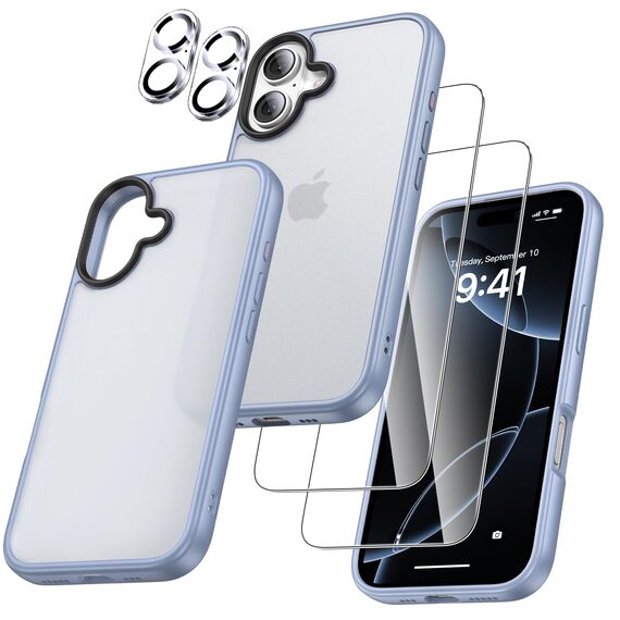 UniqueMe für iPhone 16 Hülle, 5-in-1-Set Handyhülle für iPhone 16 Case Rundumschutz Schutzhülle Cover,1 Handyhülle & 2 Schutzfolie & 2 Kameraschutz - Matt Hellblau
