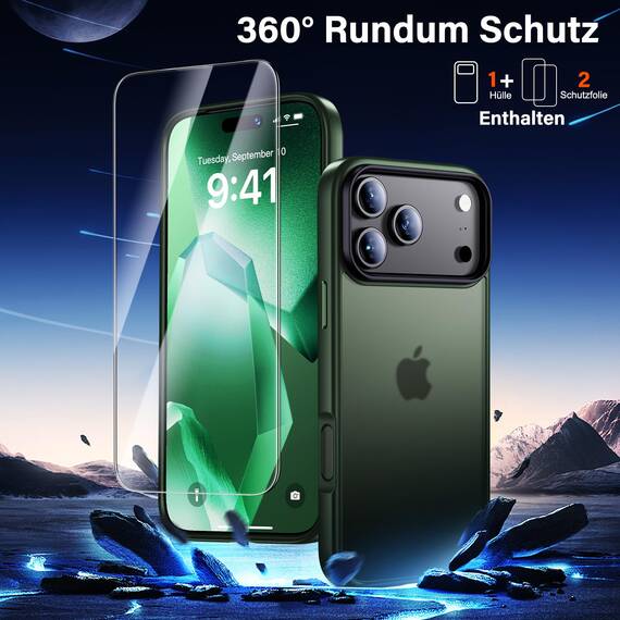 UniqueMe für iPhone 17 Pro Hülle - Handyhülle für iPhone 17 Pro Case, Rundumschutz Hülle Set Schutzhülle Cover, 1 Handyhülle & 2 Schutzfolie - Matt Grün