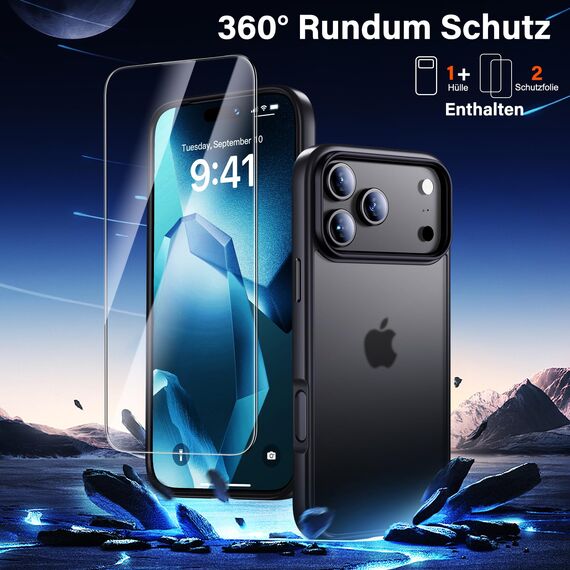 UniqueMe für iPhone 17 Pro Hülle - Handyhülle für iPhone 17 Pro Case, Rundumschutz Hülle Set Schutzhülle Cover, 1 Handyhülle & 2 Schutzfolie - Matt Schwarz