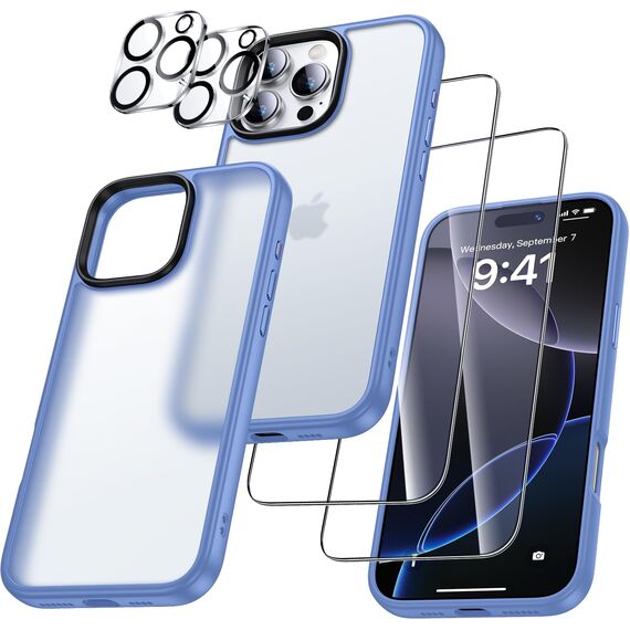 UniqueMe für iPhone 16 Pro Max Hülle, 5-in-1-Set Handyhülle für iPhone 16 Pro Max Case Rundumschutz Schutzhülle Cover,1 Handyhülle & 2 Schutzfolie & 2 Kameraschutz - Matt Hellblau