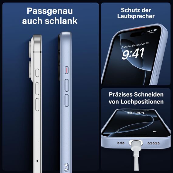 UniqueMe für iPhone 16 Hülle, 5-in-1-Set Handyhülle für iPhone 16 Case Rundumschutz Schutzhülle Cover,1 Handyhülle & 2 Schutzfolie & 2 Kameraschutz - Matt Hellblau