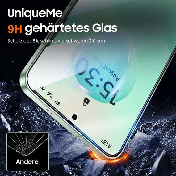 UniqueMe für Samsung Galaxy S25 für Panzerglas, 2 Stück Displayschutz und 2 Stück Kameraschutz, Bruchsichere Schutzfolie für Samsung S25, Leicht anzubringen, Keine Blasen, 9H-Härte, HD-Klar