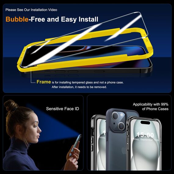 QHOHQ 3 Stück Panzer Schutz Glas für iPhone 15 [6,1 Zoll] mit 3 Stück Kameraschutz, 9H Härte Schutzfolie, Ultra-Klar Displayschutzfolie, Anti-Kratzer, Bläschenfrei