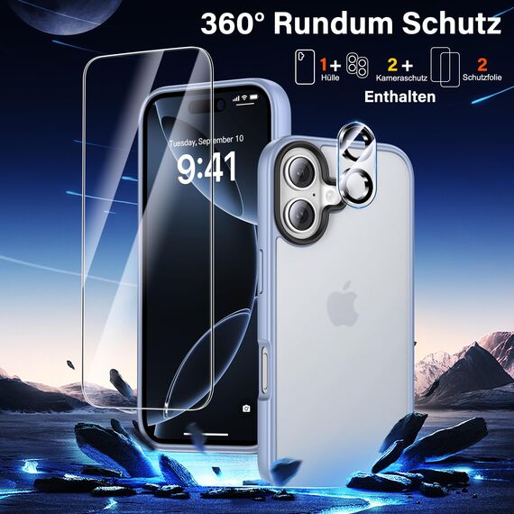 UniqueMe für iPhone 16 Hülle, 5-in-1-Set Handyhülle für iPhone 16 Case Rundumschutz Schutzhülle Cover,1 Handyhülle & 2 Schutzfolie & 2 Kameraschutz - Matt Hellblau