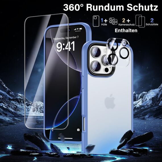 UniqueMe für iPhone 16 Pro Max Hülle, 5-in-1-Set Handyhülle für iPhone 16 Pro Max Case Rundumschutz Schutzhülle Cover,1 Handyhülle & 2 Schutzfolie & 2 Kameraschutz - Matt Hellblau