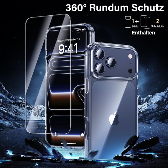 UniqueMe für iPhone 17 Pro Max Hülle - Handyhülle für iPhone 17 Pro Max Case, Rundumschutz Hülle Set Schutzhülle Cover, 1 Handyhülle & 2 Schutzfolie - Transparent