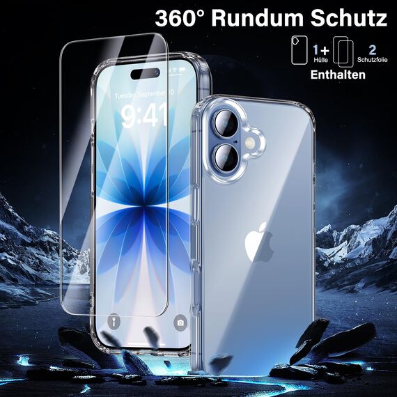 UniqueMe für iPhone 17 Hülle - Handyhülle für iPhone 17 Case,Rundumschutz Schutzhülle Cover, 1 Handyhülle & 2 Schutzfolie - Transparent