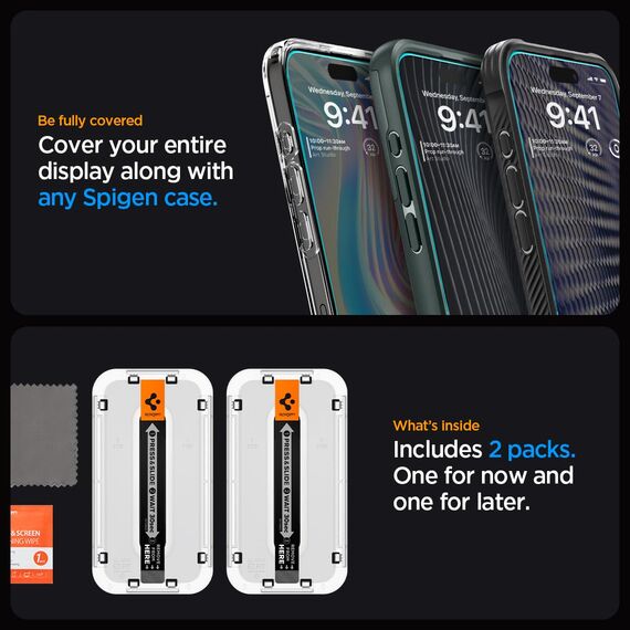 Spigen Glas.tR EZ Fit Schutzfolie kompatibel mit iPhone 15 Pro, 2 Stück, Kratzfest, 9H Härte Folie