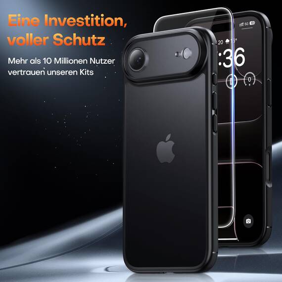 TAURI für iPhone Air Hülle 6,5" mit Panzer Schutz Glas Folie, Vollständiger Kameraschutz, [Anti-Vergilbung] Stoßfest Militärstandard Transparent Handyhülle für 17 Air - Matt Schwarz