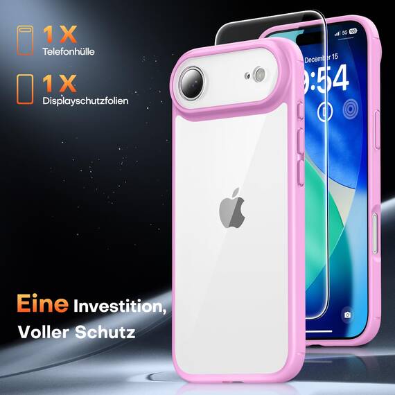 TAURI für iPhone Air Hülle 6,5" mit Panzer Schutz Glas Folie, Vollständiger Kameraschutz, [Anti-Vergilbung] Stoßfest Militärstandard Transparent Handyhülle für 17 Air - Rosa