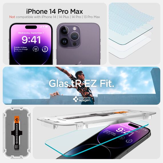 Spigen Glas.tR EZ Fit Schutzfolie kompatibel mit iPhone 14 Pro Max, 2 Stück, Kratzfest, 9H Härte Folie
