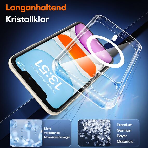 TAURI für iPhone 11 Hülle 6,1" mit Panzer Schutz Glas Folie, Kompatibel mit MagSafe, Schutz nach Militärstandard, [Anti-Vergilbung] Stoßfest Magnetisch Handyhülle - Durchsichtig