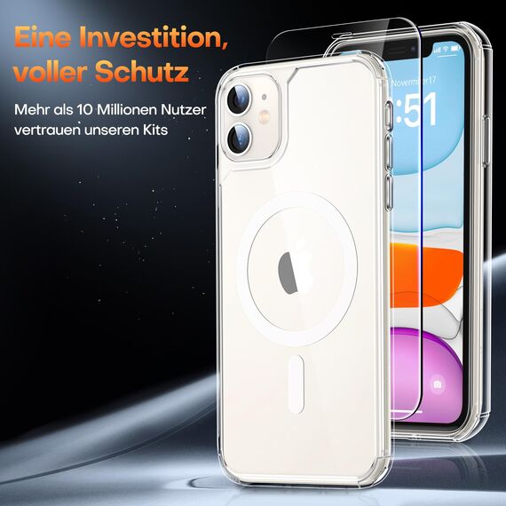 TAURI für iPhone 11 Hülle 6,1" mit Panzer Schutz Glas Folie, Kompatibel mit MagSafe, Schutz nach Militärstandard, [Anti-Vergilbung] Stoßfest Magnetisch Handyhülle - Durchsichtig