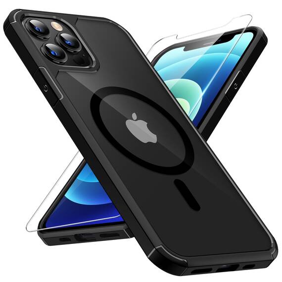 TAURI für iPhone 12 Pro Max Hülle 6,7" mit Panzer Schutz Glas Folie, Kompatibel mit MagSafe, Schutz nach Militärstandard, [Anti-Vergilbung] Stoßfest Magnetisch Handyhülle - Schwarz