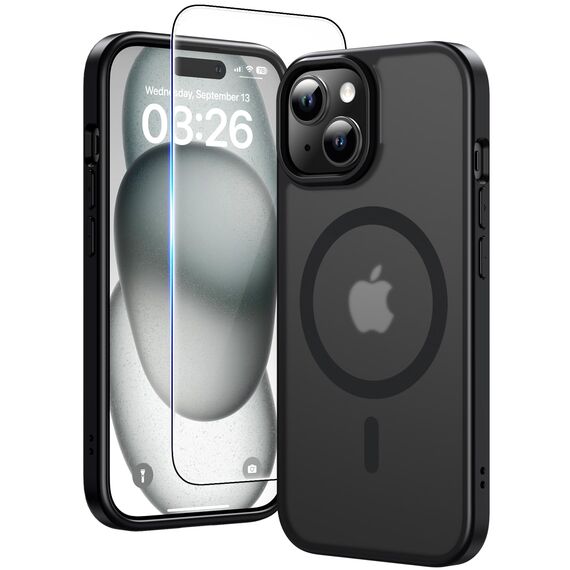 TAURI für iPhone 15 Hülle 6,1" mit Panzer Schutz Glas Folie, Kompatibel mit MagSafe, Schutz nach Militärstandard, [Anti-Vergilbung] Stoßfest Magnetisch Handyhülle - Matt Schwarz