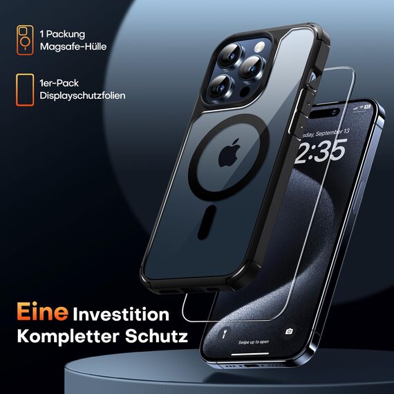 TAURI für iPhone 15 Pro Hülle 6,1" mit Panzer Schutz Glas Folie, Kompatibel mit MagSafe, Schutz nach Militärstandard, [Anti-Vergilbung] Stoßfest Magnetisch Handyhülle - Schwarz