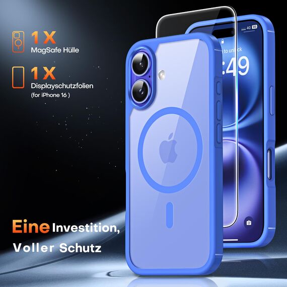TAURI für iPhone 16 Hülle 6,1" mit Panzer Schutz Glas Folie, Kompatibel mit MagSafe, Schutz nach Militärstandard, [Anti-Vergilbung] Stoßfest Magnetisch Handyhülle - Ultramarin