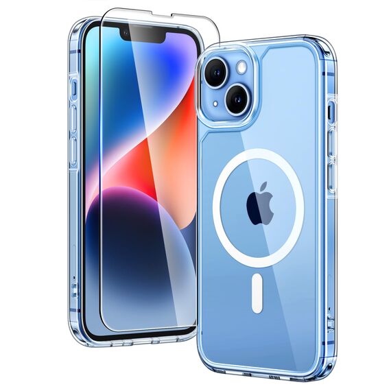 TAURI für iPhone 13/14 Hülle 6,1" mit Panzer Schutz Glas Folie, Kompatibel mit MagSafe, Schutz nach Militärstandard, [Anti-Vergilbung] Stoßfest Magnetisch Handyhülle - Durchsichtig