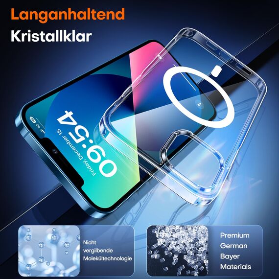TAURI für iPhone 13 Mini Hülle 5,4" mit Panzer Schutz Glas Folie, Kompatibel mit MagSafe, Schutz nach Militärstandard, [Anti-Vergilbung] Stoßfest Magnetisch Handyhülle - Durchsichtig