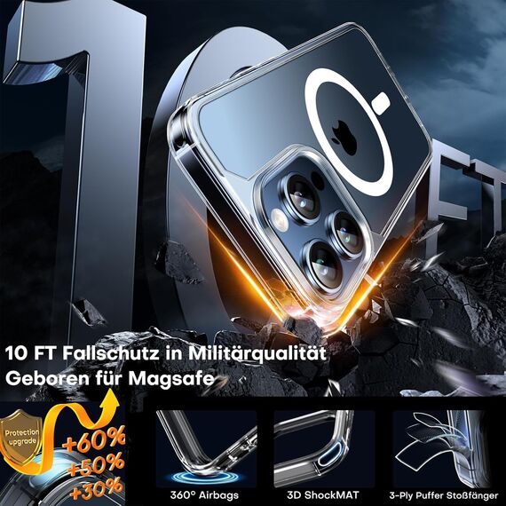 TAURI für iPhone 15 Pro Hülle 6,1" mit Panzer Schutz Glas Folie, Kompatibel mit MagSafe, Schutz nach Militärstandard, [Anti-Vergilbung] Stoßfest Magnetisch Handyhülle - Durchsichtig
