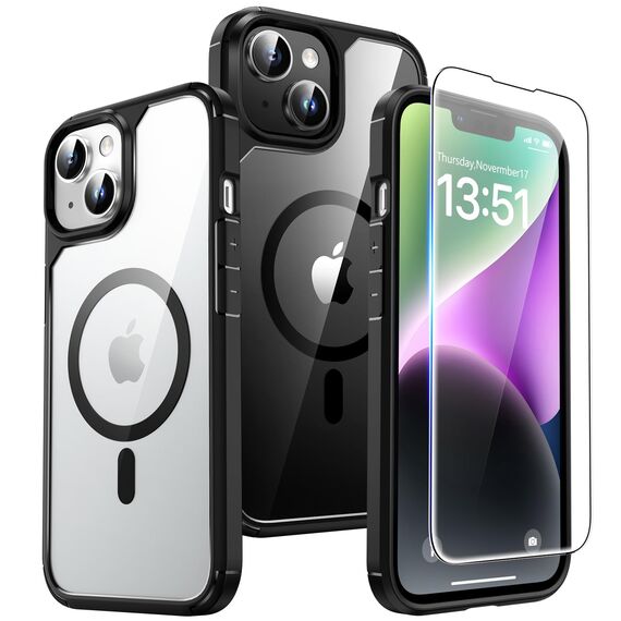 TAURI für iPhone 14 Hülle 6,1" mit Panzer Schutz Glas Folie, Kompatibel mit MagSafe, Schutz nach Militärstandard, [Anti-Vergilbung] Stoßfest Magnetisch Handyhülle - Schwarz