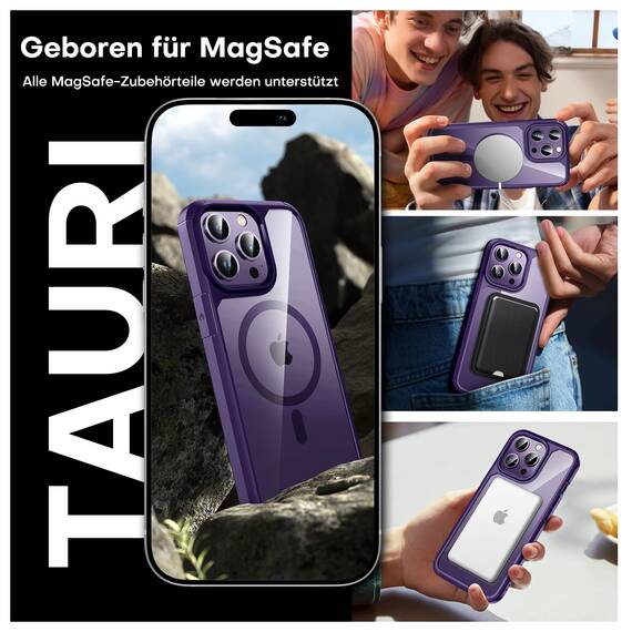TAURI für iPhone 14 Pro Max Hülle 6,7" mit Panzer Schutz Glas Folie und Kameraschutz, Kompatibel mit MagSafe, [Anti-Vergilbung] Stoßfest Magnetisch Handyhülle - Dunkellila