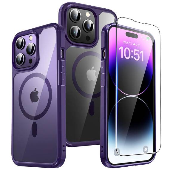 TAURI für iPhone 14 Pro Max Hülle 6,7" mit Panzer Schutz Glas Folie und Kameraschutz, Kompatibel mit MagSafe, [Anti-Vergilbung] Stoßfest Magnetisch Handyhülle - Dunkellila