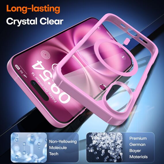 TAURI für iPhone 16 Hülle 6,1" mit Panzer Schutz Glas Folie, Kompatibel mit MagSafe, Schutz nach Militärstandard, [Anti-Vergilbung] Stoßfest Magnetisch Handyhülle - Rosa