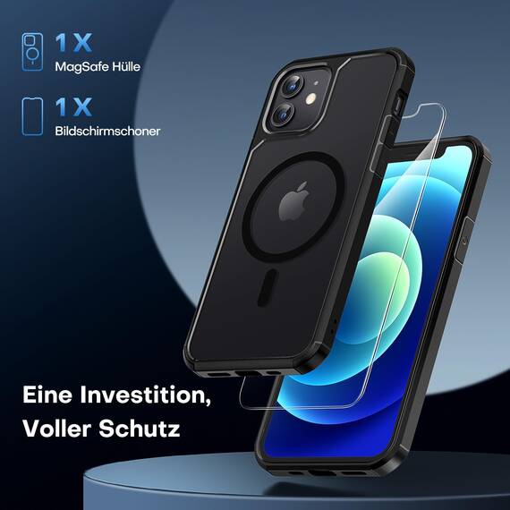 TAURI für iPhone 12 Pro Max Hülle 6,7" mit Panzer Schutz Glas Folie, Kompatibel mit MagSafe, Schutz nach Militärstandard, [Anti-Vergilbung] Stoßfest Magnetisch Handyhülle - Schwarz