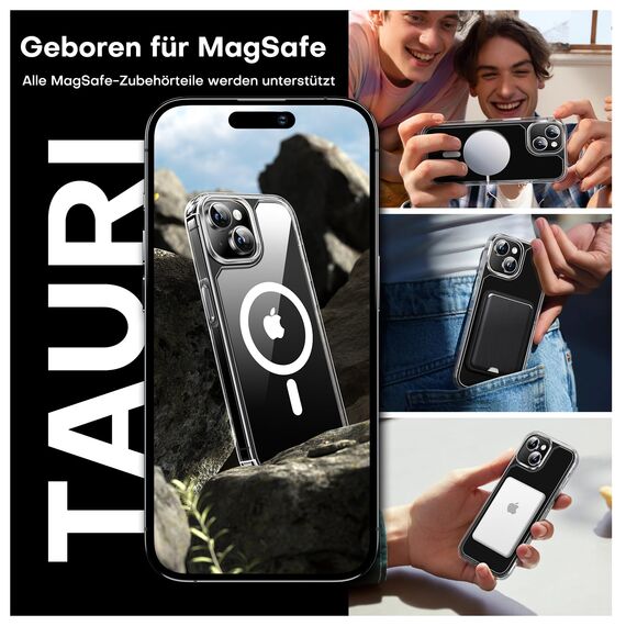 TAURI für iPhone 15 Plus Hülle 6,7" mit Panzer Schutz Glas Folie, Kompatibel mit MagSafe, Schutz nach Militärstandard, [Anti-Vergilbung] Stoßfest Magnetisch Handyhülle - Durchsichtig