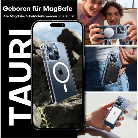 TAURI für iPhone 15 Pro Hülle 6,1" mit Panzer Schutz Glas Folie, Kompatibel mit MagSafe, Schutz nach Militärstandard, [Anti-Vergilbung] Stoßfest Magnetisch Handyhülle - Durchsichtig