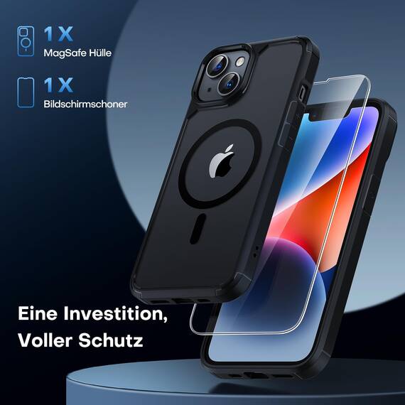 TAURI für iPhone 13/14 Hülle 6,1" mit Panzer Schutz Glas Folie, Kompatibel mit MagSafe, Schutz nach Militärstandard, [Anti-Vergilbung] Stoßfest Magnetisch Handyhülle - Schwarz