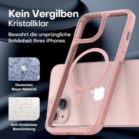 TAURI für iPhone 13/14 Hülle 6,1" mit Panzer Schutz Glas Folie, Kompatibel mit MagSafe, Schutz nach Militärstandard, [Anti-Vergilbung] Stoßfest Magnetisch Handyhülle - Rosa