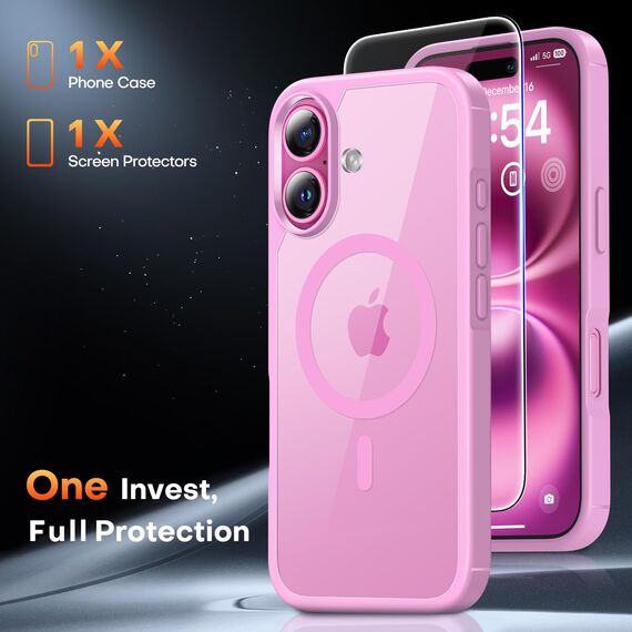 TAURI für iPhone 16 Hülle 6,1" mit Panzer Schutz Glas Folie, Kompatibel mit MagSafe, Schutz nach Militärstandard, [Anti-Vergilbung] Stoßfest Magnetisch Handyhülle - Rosa