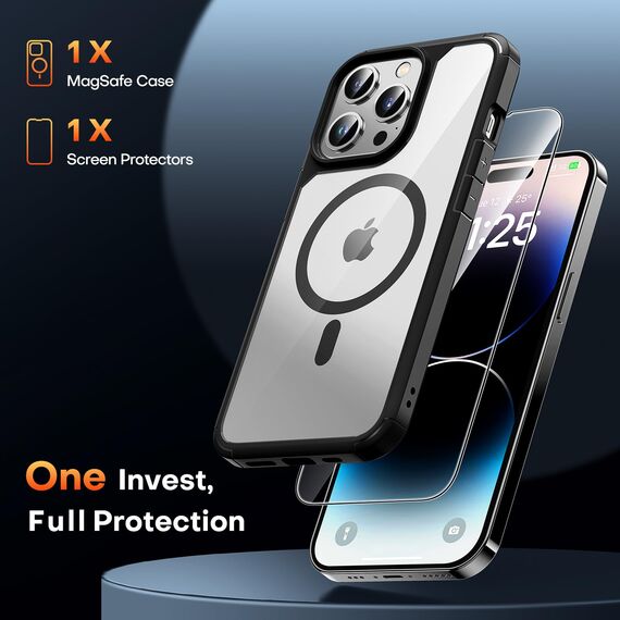 TAURI für iPhone 14 Pro Hülle 6,1" mit Panzer Schutz Glas Folie, Kompatibel mit MagSafe, Schutz nach Militärstandard, [Anti-Vergilbung] Stoßfest Magnetisch Handyhülle - Schwarz