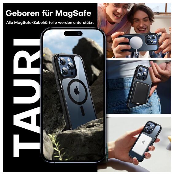 TAURI für iPhone 15 Pro Hülle 6,1" mit Panzer Schutz Glas Folie, Kompatibel mit MagSafe, Schutz nach Militärstandard, [Anti-Vergilbung] Stoßfest Magnetisch Handyhülle - Schwarz