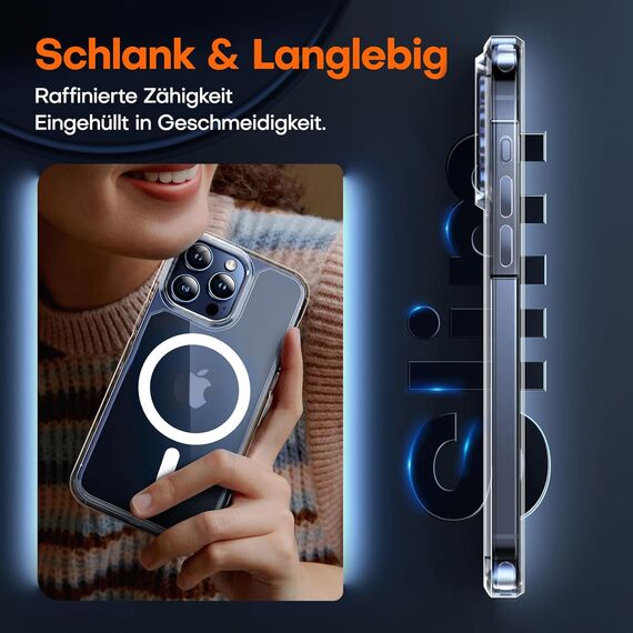 TAURI für iPhone 15 Pro Hülle 6,1" mit Panzer Schutz Glas Folie, Kompatibel mit MagSafe, Schutz nach Militärstandard, [Anti-Vergilbung] Stoßfest Magnetisch Handyhülle - Durchsichtig