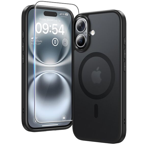 TAURI für iPhone 16 Plus Hülle 6,7" mit Panzer Schutz Glas Folie, Kompatibel mit MagSafe, Schutz nach Militärstandard, [Anti-Vergilbung] Stoßfest Magnetisch Handyhülle - Matt Schwarz