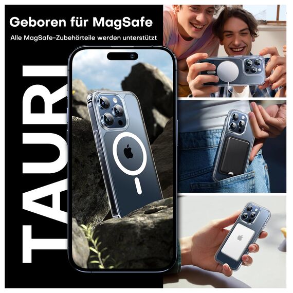 TAURI für iPhone 15 Pro Max Hülle 6,7" mit Panzer Schutz Glas Folie, Kompatibel mit MagSafe, Schutz nach Militärstandard, [Anti-Vergilbung] Stoßfest Magnetisch Handyhülle - Durchsichtig