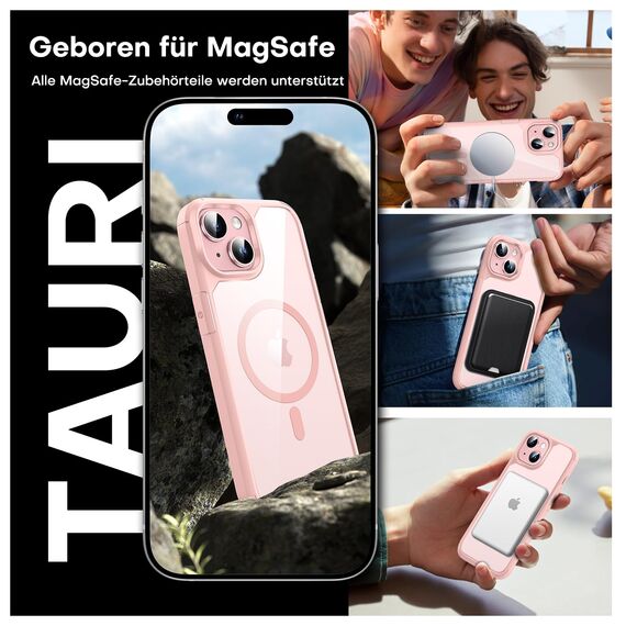 TAURI für iPhone 15 Hülle 6,1" mit Panzer Schutz Glas Folie, Kompatibel mit MagSafe, Schutz nach Militärstandard, [Anti-Vergilbung] Stoßfest Magnetisch Handyhülle - Rosa