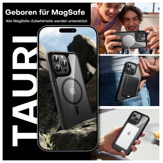 TAURI für iPhone 13 Pro Hülle 6,1" mit Panzer Schutz Glas Folie, Kompatibel mit MagSafe, Schutz nach Militärstandard, [Anti-Vergilbung] Stoßfest Magnetisch Handyhülle - Schwarz