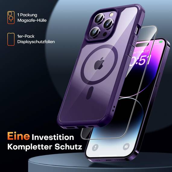 TAURI für iPhone 14 Pro Max Hülle 6,7" mit Panzer Schutz Glas Folie und Kameraschutz, Kompatibel mit MagSafe, [Anti-Vergilbung] Stoßfest Magnetisch Handyhülle - Dunkellila