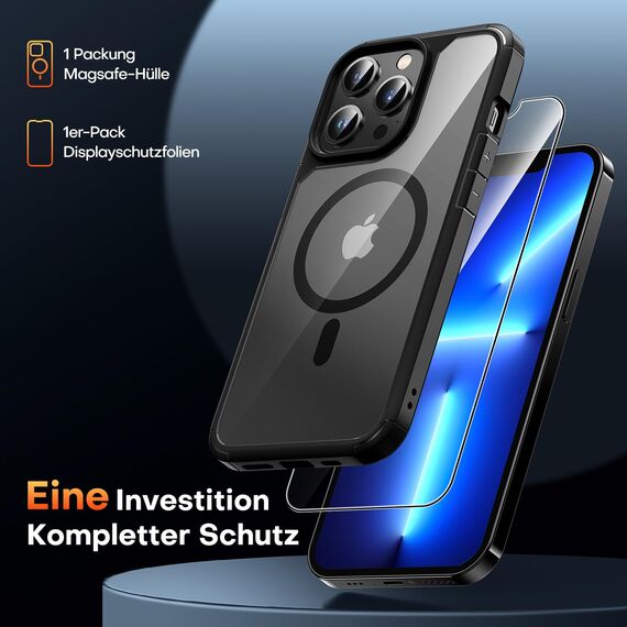 TAURI für iPhone 13 Pro Hülle 6,1" mit Panzer Schutz Glas Folie, Kompatibel mit MagSafe, Schutz nach Militärstandard, [Anti-Vergilbung] Stoßfest Magnetisch Handyhülle - Schwarz