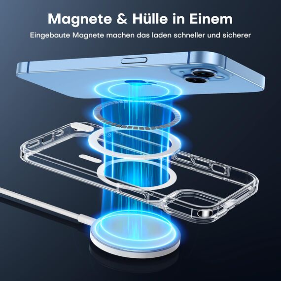 TAURI für iPhone 13/14 Hülle 6,1" mit Panzer Schutz Glas Folie, Kompatibel mit MagSafe, Schutz nach Militärstandard, [Anti-Vergilbung] Stoßfest Magnetisch Handyhülle - Durchsichtig