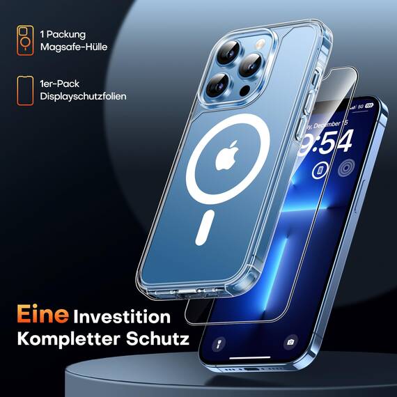 TAURI für iPhone 13 Pro Hülle 6,1" mit Panzer Schutz Glas Folie, Kompatibel mit MagSafe, Schutz nach Militärstandard, [Anti-Vergilbung] Stoßfest Magnetisch Handyhülle - Durchsichtig