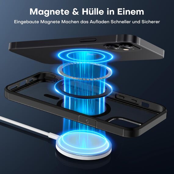TAURI für iPhone 12/12 Pro Hülle 6,1" mit Panzer Schutz Glas Folie, Kompatibel mit MagSafe, Schutz nach Militärstandard, [Anti-Vergilbung] Stoßfest Magnetisch Handyhülle - Schwarz
