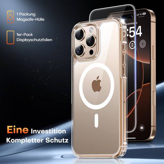 TAURI für iPhone 16 Pro Max Hülle 6,9" mit Panzer Schutz Glas Folie und Kamerasteuerung, Kompatibel mit MagSafe, [Anti-Vergilbung] Stoßfest Magnetisch Handyhülle - Durchsichtig