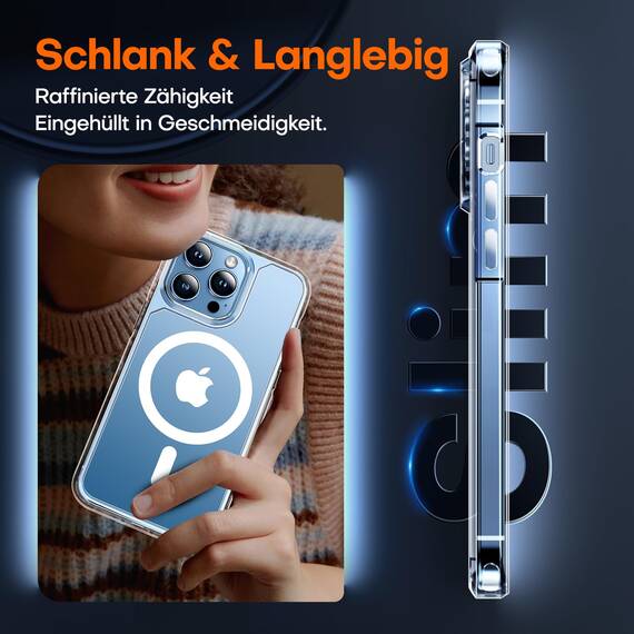 TAURI für iPhone 13 Pro Hülle 6,1" mit Panzer Schutz Glas Folie, Kompatibel mit MagSafe, Schutz nach Militärstandard, [Anti-Vergilbung] Stoßfest Magnetisch Handyhülle - Durchsichtig